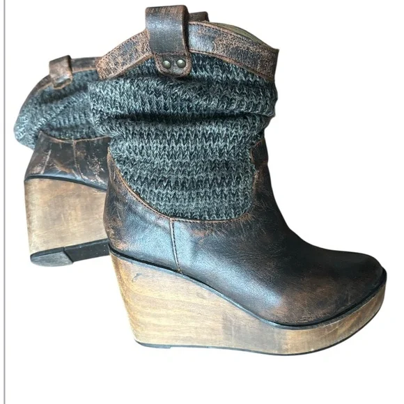 Bed Stu Bruges distressed leather and knit platform wedge boots 6.5 - Picture 2 of 7